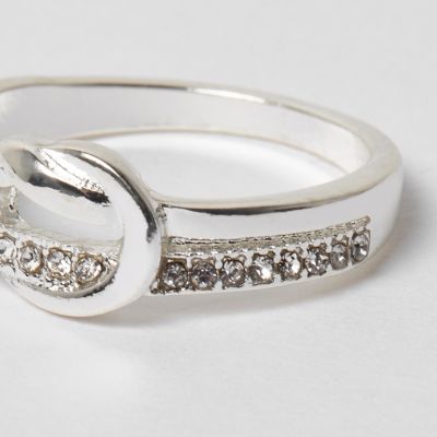 Silver tone diamante knot ring